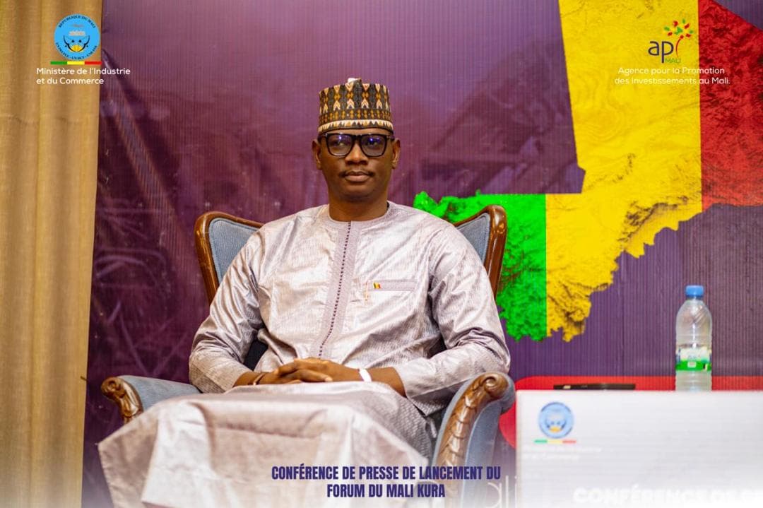An official in a grey grand boubou and embroidered hat, seated in a wooden armchair with his hands clasped, in front of a backdrop in Mali’s colours; a water bottle on the table, with the logos of the Ministry of Industry and Trade and of API-Mali at the top of the frame. — API-Mali