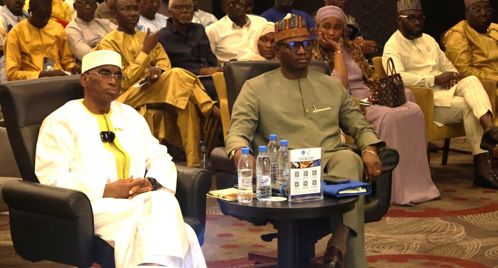 Front row of a conference audience: two men in boubous seated in black armchairs behind a low table, with rows of delegates behind them. — API-Mali
